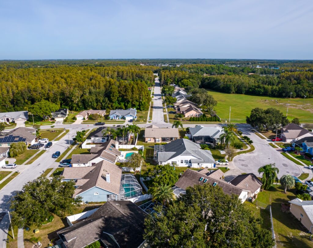 Aerial view of residential homes