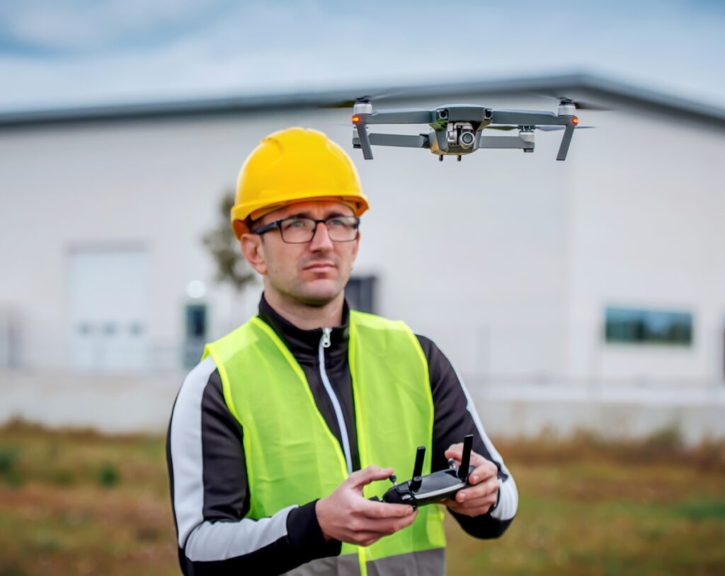 Worker flying drone at construction site