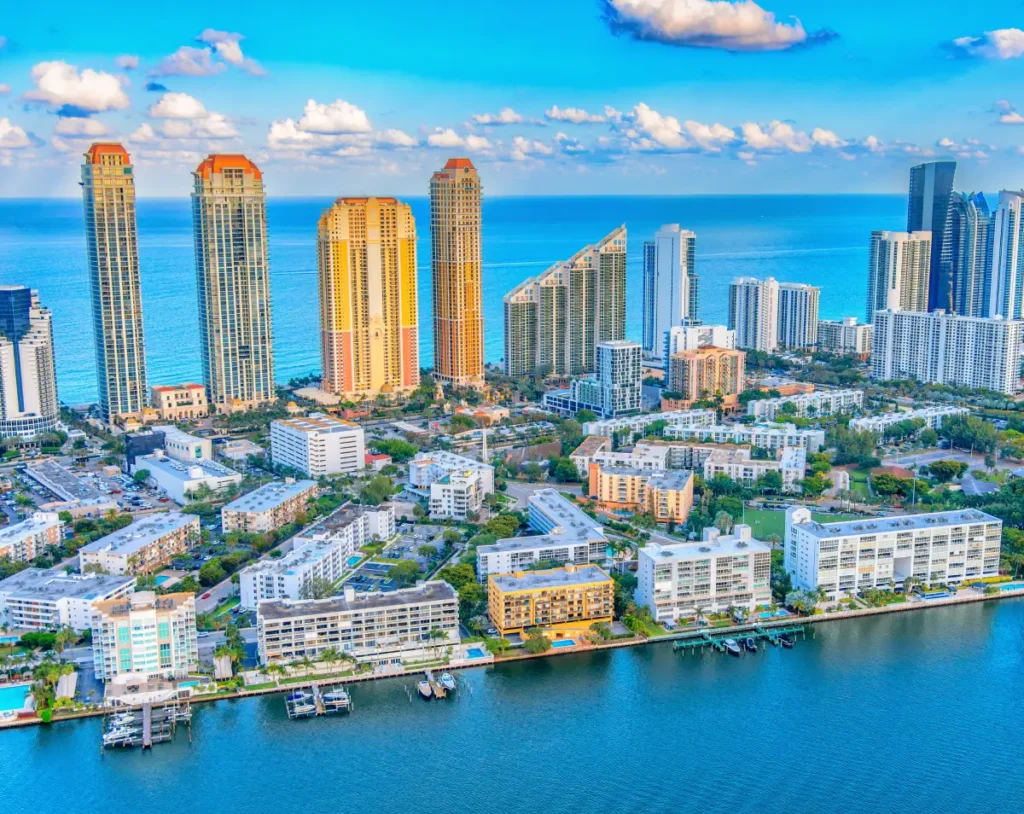 Coastal cityscape under blue sky