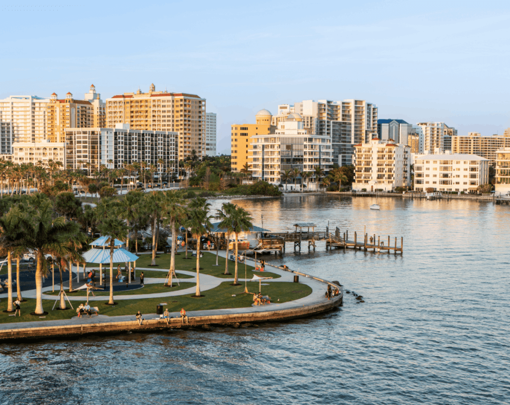 Waterfront cityscape with high-rise buildings