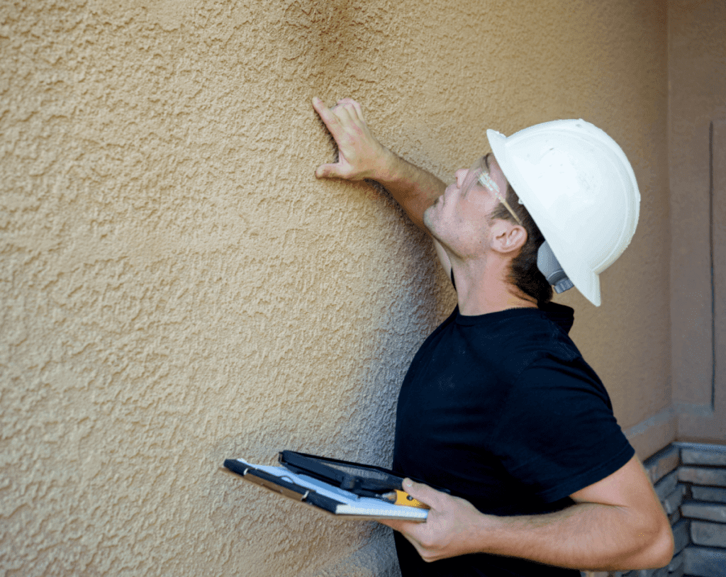 Construction worker inspecting a textured wall